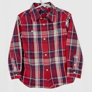 TOMMY HILFIGER Boy’s Size XS (4-5) Red Plaid Casual Shirt Long Sleeves